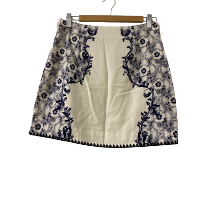 ALÉMAIS Women's Size AU8/XS US4 Airlie Printed Linen Mini Skirt in Navy & Cream (RRP $550)