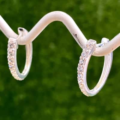 Sterling Silver Oval Diamante Hoop Earrings (Stamped 925)
