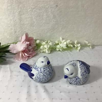 Pair of White / Blue Pattern Ceramic Bird Ornaments 