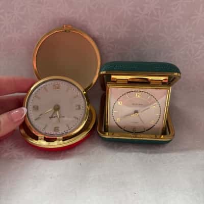 VINTAGE travel alarm clock in green folding case 