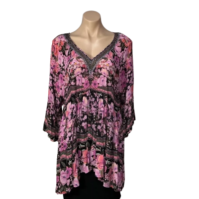 TS Womens approx Size L Black / Pink Multicoloured Floral 3/4 Sleeve V-Neck Top