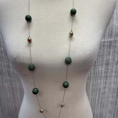  Womens Long Necklace Gold & Green baubles