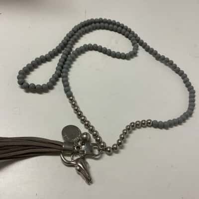  Womens Beaded Necklace Grey / Silver tones with silver tone pendants and tassels 