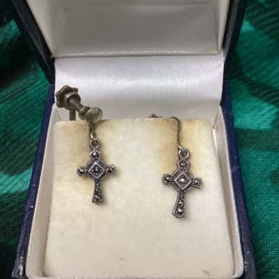 Vintage Marcasite Cross-shaped Earrings Silver 
