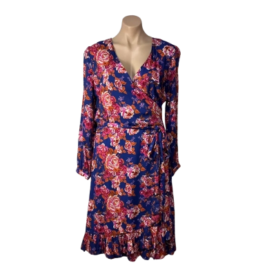 Heine Womens Size 46 Blue / Orange / Pink  / White Floral Long Sleeve Midi Wrap Dress (new)