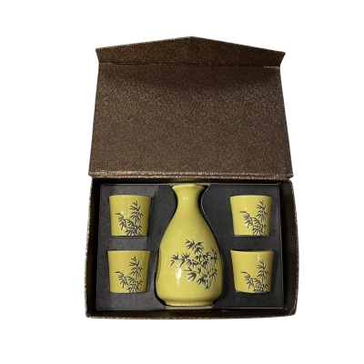 Yellow Ceramic Sake Set with Black Bamboo Branch Design (boxed)