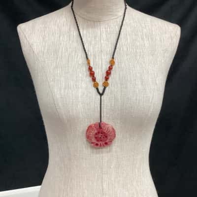  Rubelite Pendant Carved as 2 Fish on Braided Cord  Necklace Red 