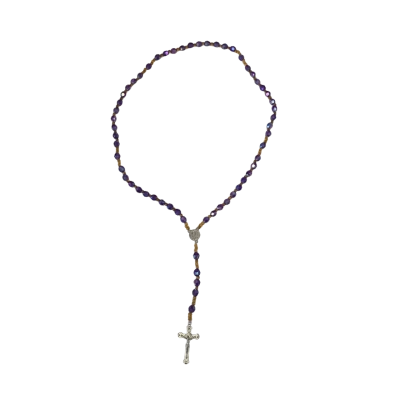  Womens Beaded Necklace Rosary Irridescent Purple and Amber Bead with Cross