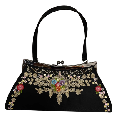 Beautiful Olga Berg Womens Handbag Black  With Embroidered Flowers & Sequins 26 x 13 cm      CAB 