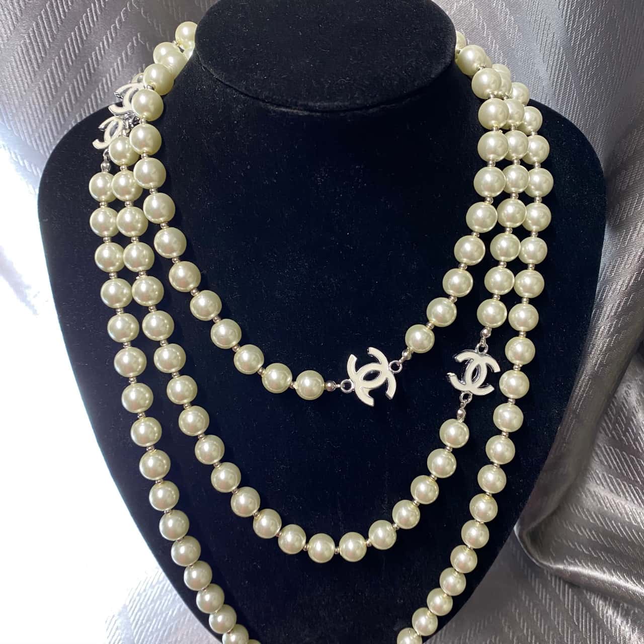Extra Long White Faux Pearl Glass Necklace w/White Enamelled Bead