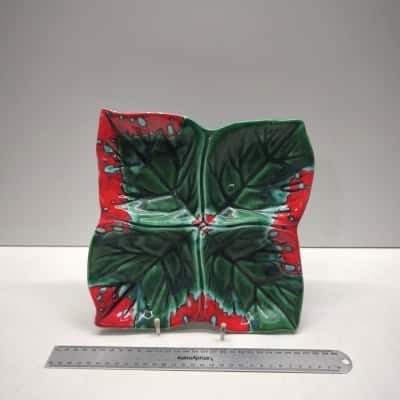 Vintage Japanese Ceramic Leaf Platter Red Green Drip Glaze Dish Made in Japan