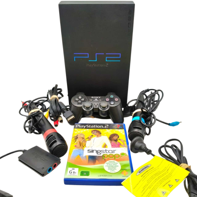 PlayStation 2 Console With Controller Plus Adapter For SingStar Includes Pop Game Australian Artists Edition & 2 Microphones