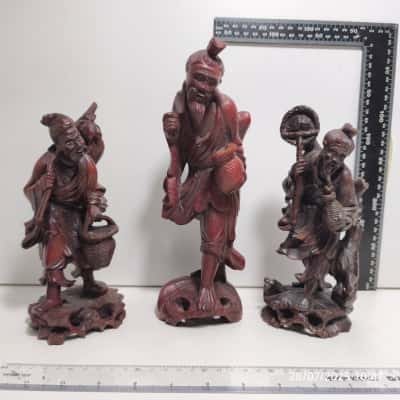 Trio of Hand Carved Vintage Chinese Wooden Figurines 