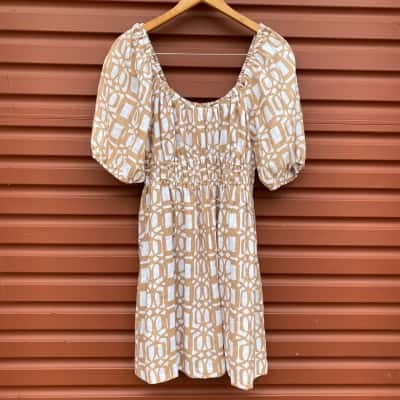 Seed Heritage Womens Size 14 Brown & White Pattern Short Sleeve Linen Dress  