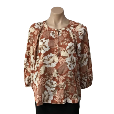 Seed Heritage Womens Size 10 Burnt Orange / Beige / Brown / White Floral 3/4 Sleeve Top