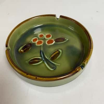 Stoneware Ashtray 1960s Flower Deco Green Glaze