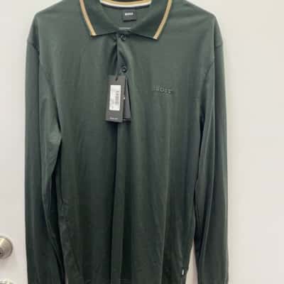 BOSS Mens  Size XXL Long Sleeve Shirt Gold / Green / White 