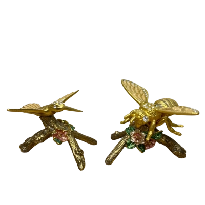 Decorative Gold Tone Metal Hummingbird and Bee Ornament Pair