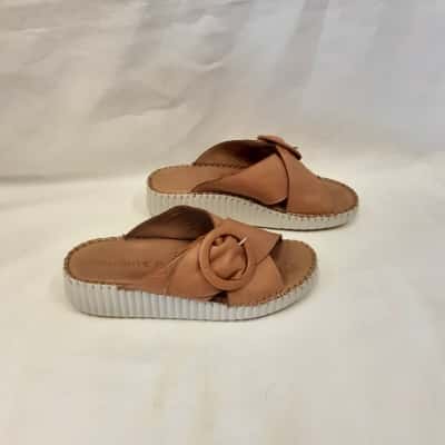  Womens Brown Orizonte Noblenest European Leather Tan Slide Sandal Featuring Soft Leather Crossover Strap Accented With Chic Round Buckle