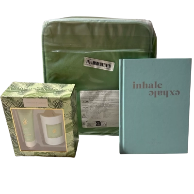Green bundle - x1 storage bag, x1 Wellbeing Journal & Boxed Gift set Hand Cream & Candle set (coconut palm) 