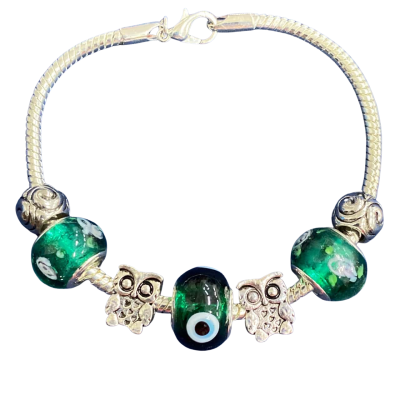 Silver Womens Beaded Bracelet 3 Green Stirling silver charms.