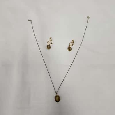  Womens Vintage Fine Chain Tiger Eye Necklace and Tiger Eye Screw Earrings