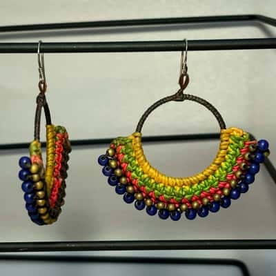 925 Silver, Macrame And Beaded Earrings, Multicoloured 