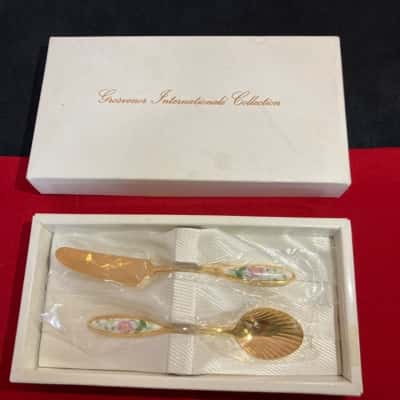 Sugar Spoon and Knife Gold tone with porcelain flower pattern handles Grosvenor Internationale Collection