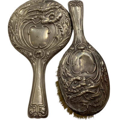 William Adam’s. Birmingham. Sterling silver art nouveau mirror and brush set