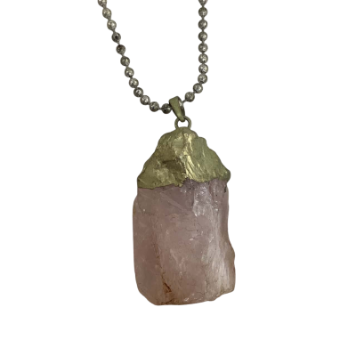 Womens Vintage Necklace Large Pink Quartz (Stamped C*C on Pendant) on Silver Tone Ball Chain 