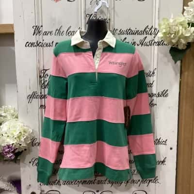 Wrangler Brand! BNWT RUGBY SHIRT! Womens  Size 8 Long Sleeve Shirt Green / Pattern / Pink  / Striped 