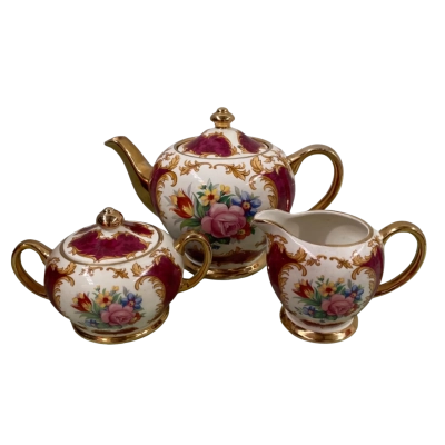 Sadler Teapot, Creamer & Sugar Bowl, Burgundy with Floral Motif, Made in England