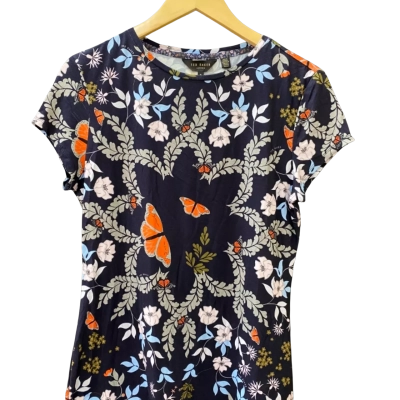 Ted Baker Cap Sleeved Top Size 3 Navy Butterfly & Floral Pattern