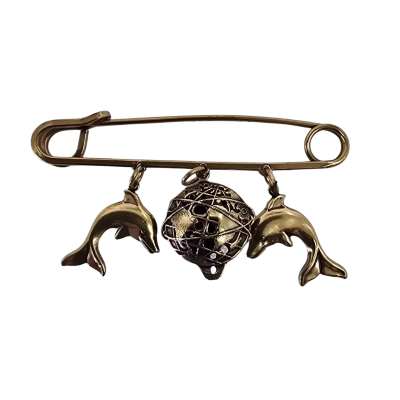  Womens Vintage Copper Tone Brooch With World and Dolphins