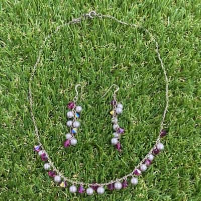  Womens Pink and Silver Tone Beads Necklace and Earring Set 