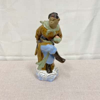 9.8” China Sun Wukong Pick Peach Statue Pottery Clay Handcrafted Monkey King Read