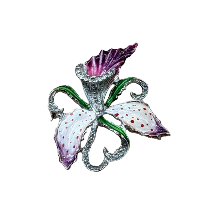 Rare Enamel Spotted Lily Marcasite Brooch