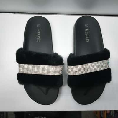 Krush Since 1970 Black Faux Fur and Rhinestone Band Slide Sandals Size 7