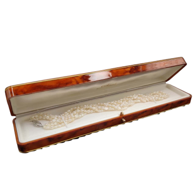 Stunning Triple Strand Of Seed Pearls Necklace In Faux Walnut Case