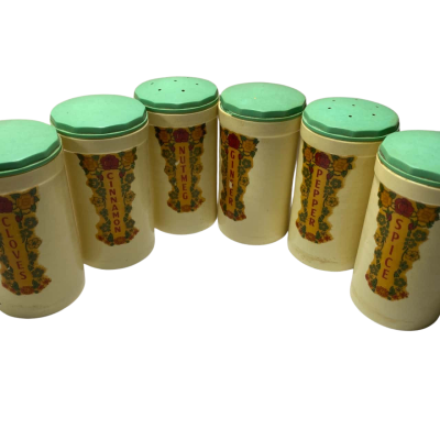 set of six vintage mid-century Bakelite Cannisters/canister, Green and cream canisters, 