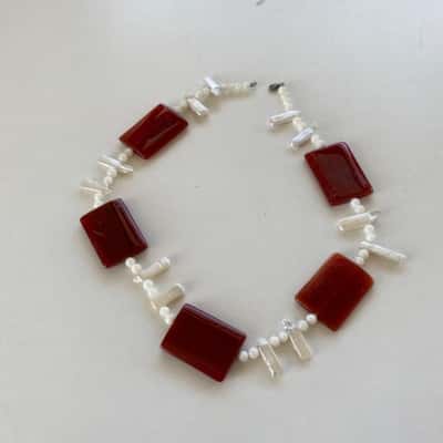 925 Sterling Silver Red Gemstone Pearl Necklace 