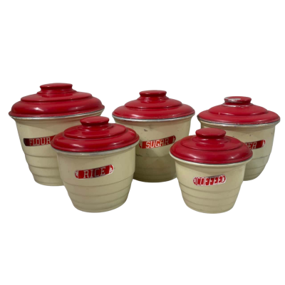 Villa-Ware 1930s Beehive Aluminium Pantry Canisters, Set of 5, Flour, Sugar, Tea, Rice, Coffee, Signs of Regular Use