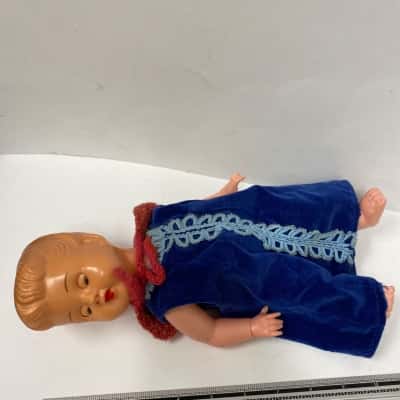 Vintage Hard Plastic Doll Molded Hair Side-Glancing Eyes in Blue Velvet Dress Scarf 12