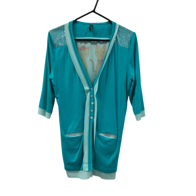 WASABEES QUIRKY TURQUOISE CAT CARDIGAN. SIZE XL