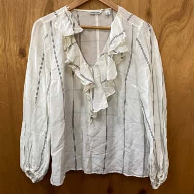 Country Road Cream Checked Linen-Blend Top Size 12