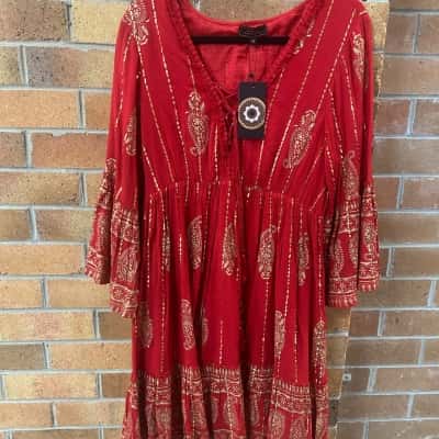 Mystic Monsoon Womens  Size 14 Midi Dress Gold / Pattern / Red 