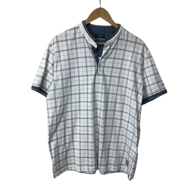 Octave Mens Size XXL White / Blue Checked Collarless Short Sleeve Polo Shirt