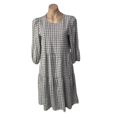 Sussan Womens Size 8 White /  Black Pattern Linen Blend Midi Dress