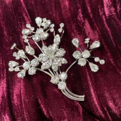Vintage Silver-toned Rhinestone Floral Brooch 