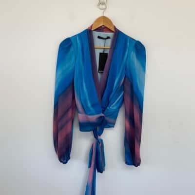Portmans Blue Purple Drift Stripe Wrap Long Sleeve Blouse Top  Size 10 